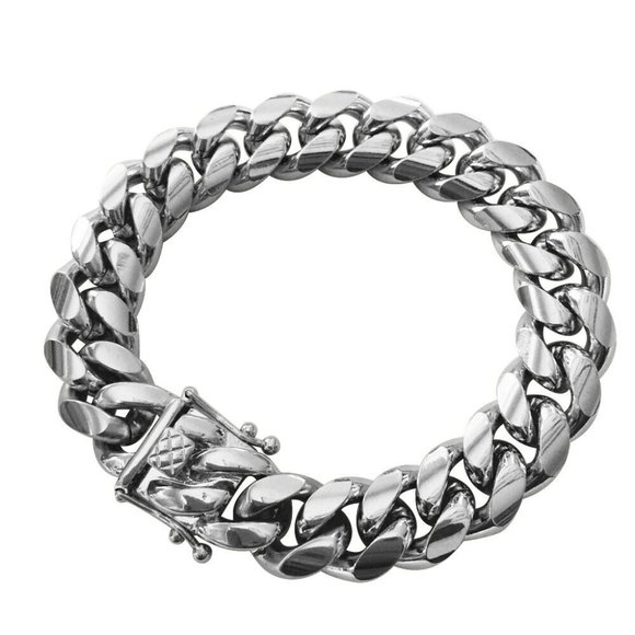 Men's Miami Cuban Link Chain Silver Bracelet - Picture 1 of 6